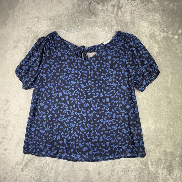 Lush Shirt Medium Blue Micro Floral Flower Michelle Tie Back Blouse Boho Peasant - Picture 2 of 9